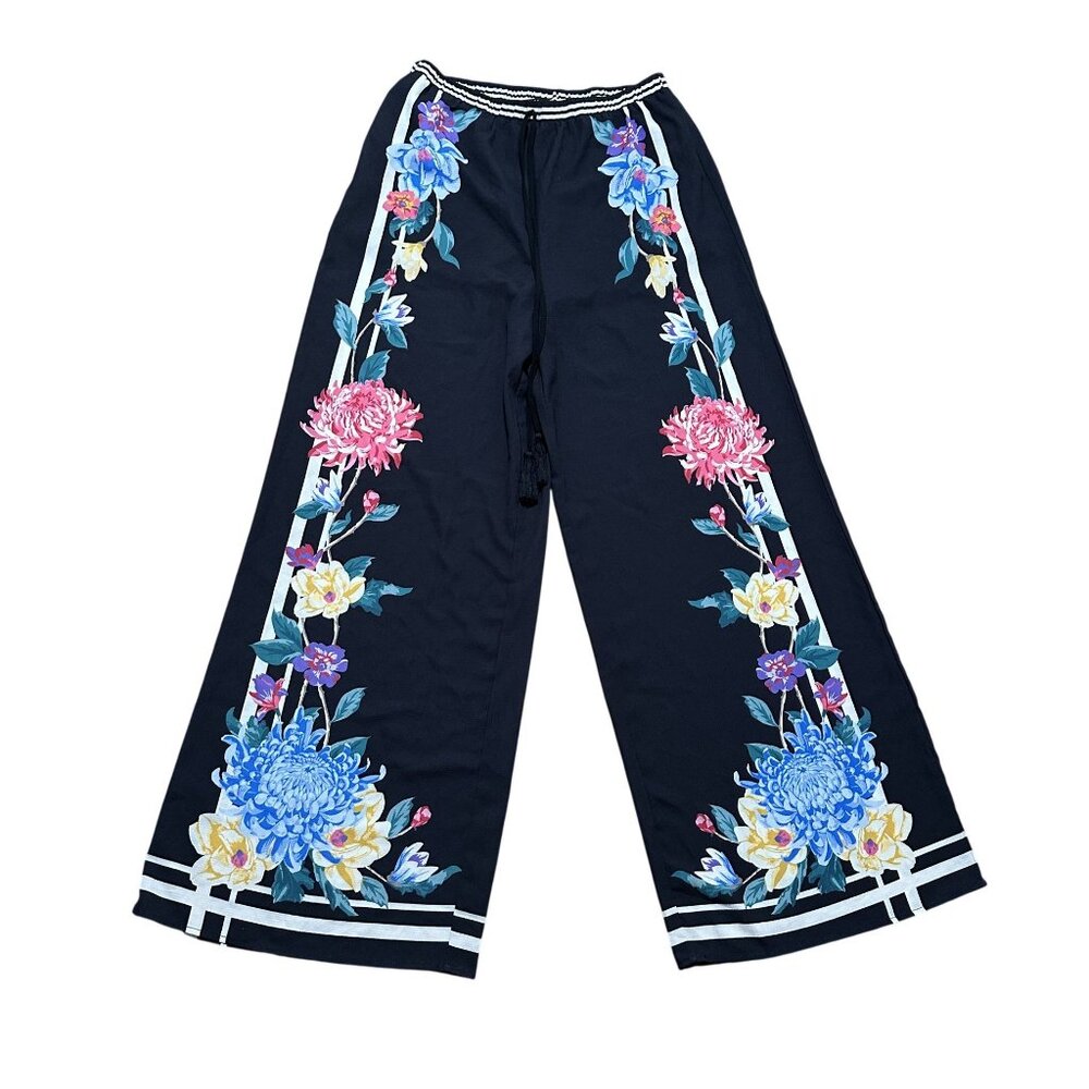 Floral Wide Leg Palazzo Pants Black High Waist Drawstring Boho Resort Size M